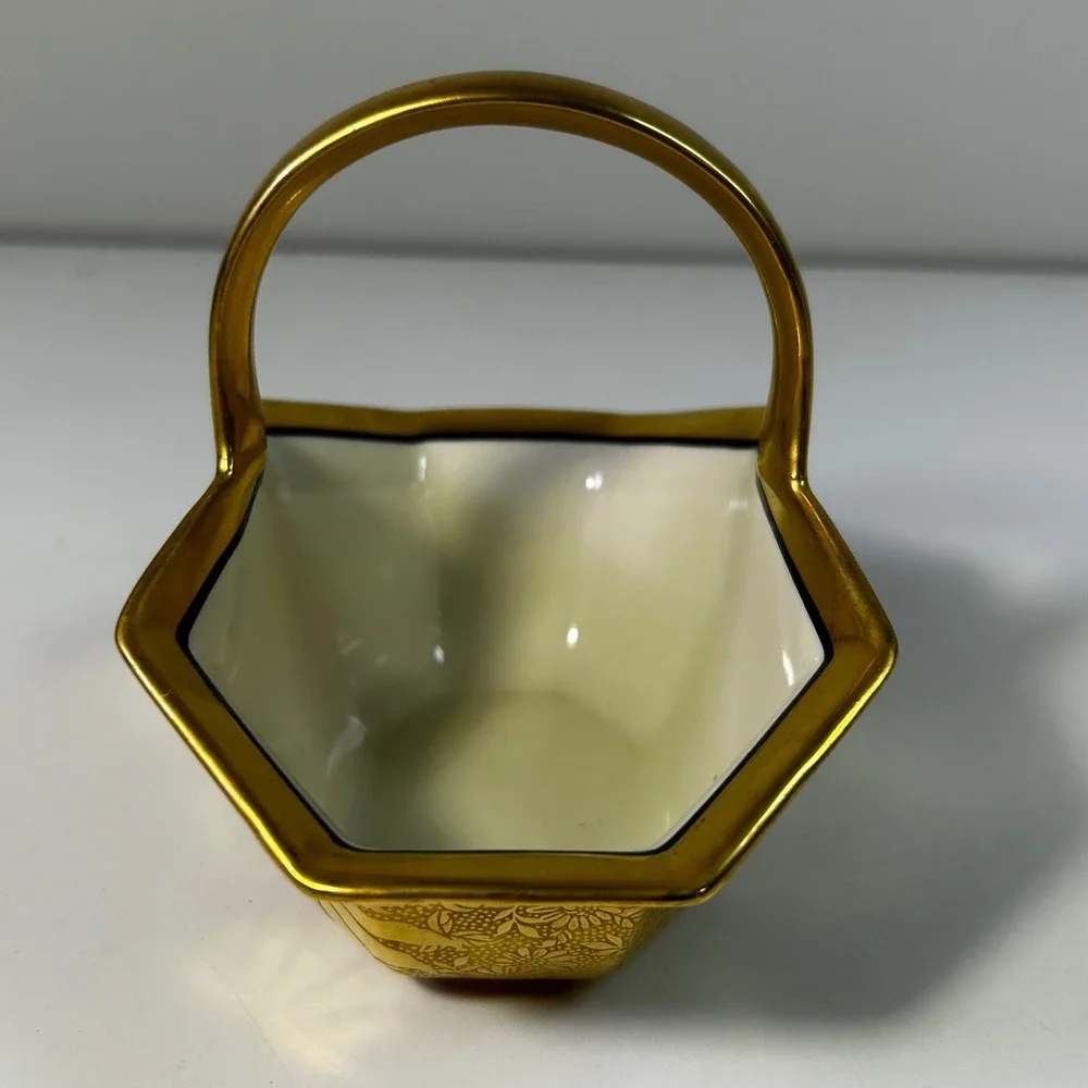 Noritake Japan Gold Encrusted Floral Porcelain Hexagon Basket  Handle Vintage